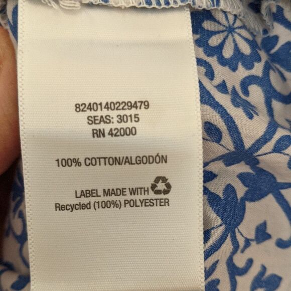 Basic Editions cotton plus size 3X blouse top geometric print blue/white beaded - Picture 5 of 8